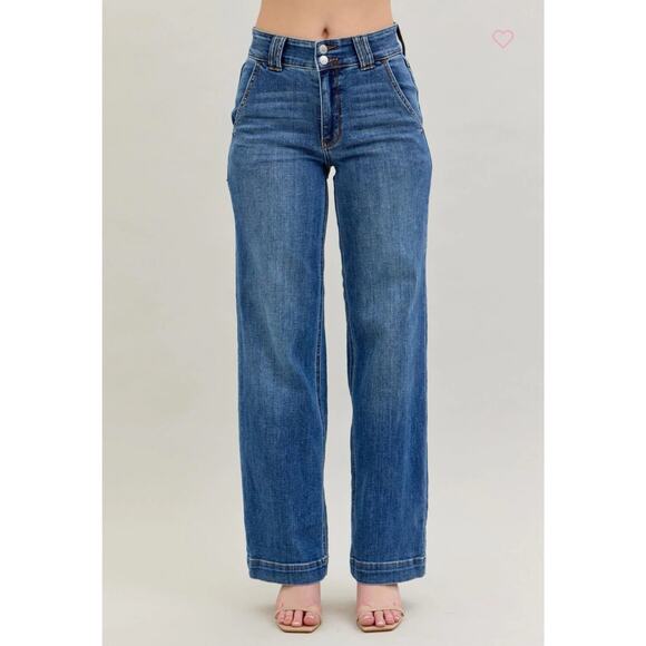 Judy Blue High Rise Wide Leg Jeans 15 / 32 x 32 Blue Stretch Casual Double Buttn - Picture 10 of 10